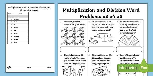 Y3 Multiplication &  Division Word Problems ×3 ×4 ×8 Sheet