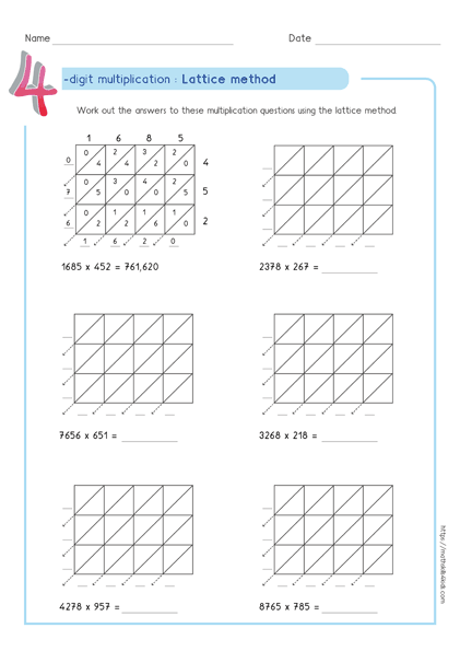 Lattice multiplication worksheets PDF | Printable multiplication tests
