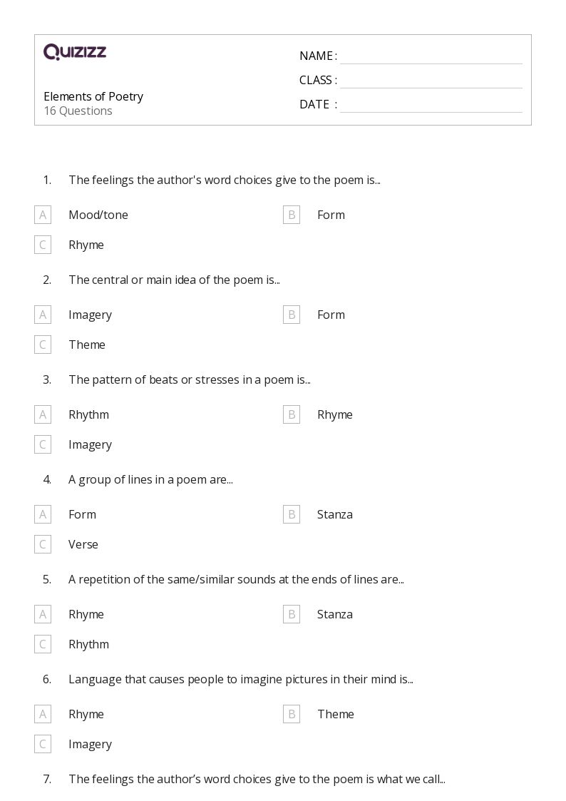 worksheet elements of poetry