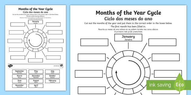 Months of the Year Worksheet in English &  Portuguese