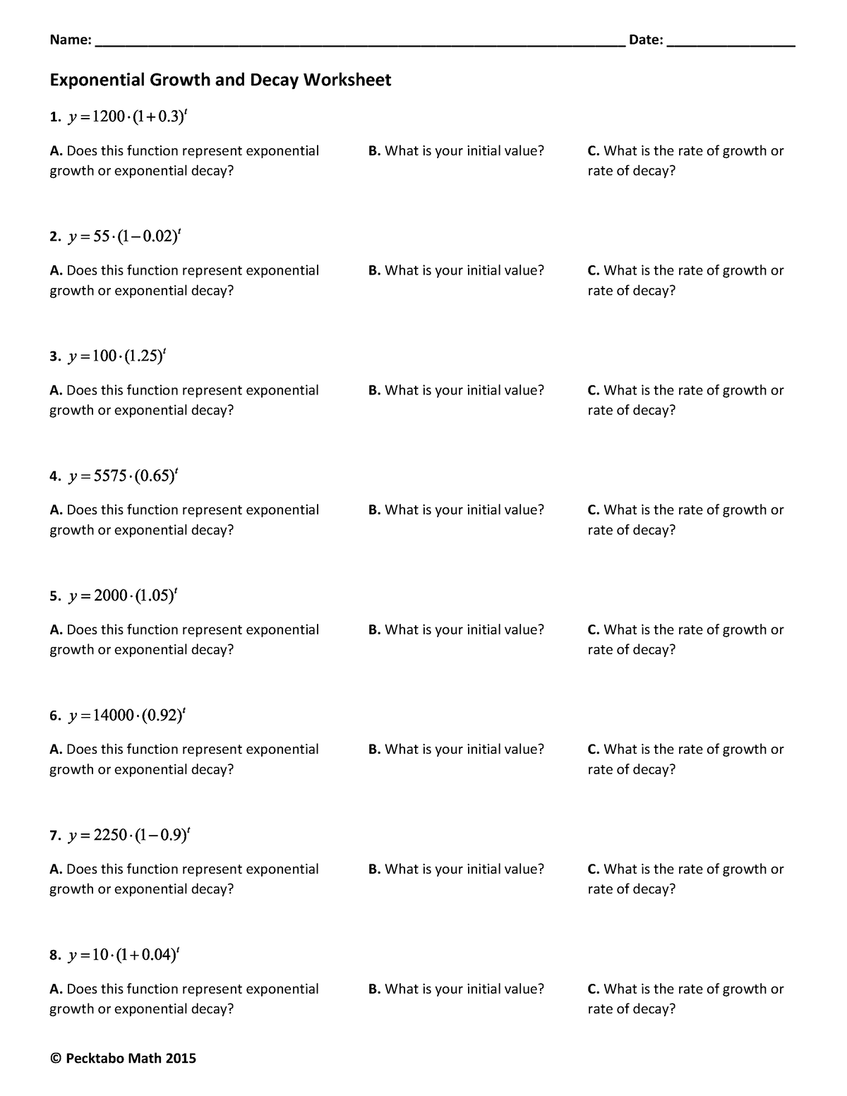 worksheet exponential growth and decay