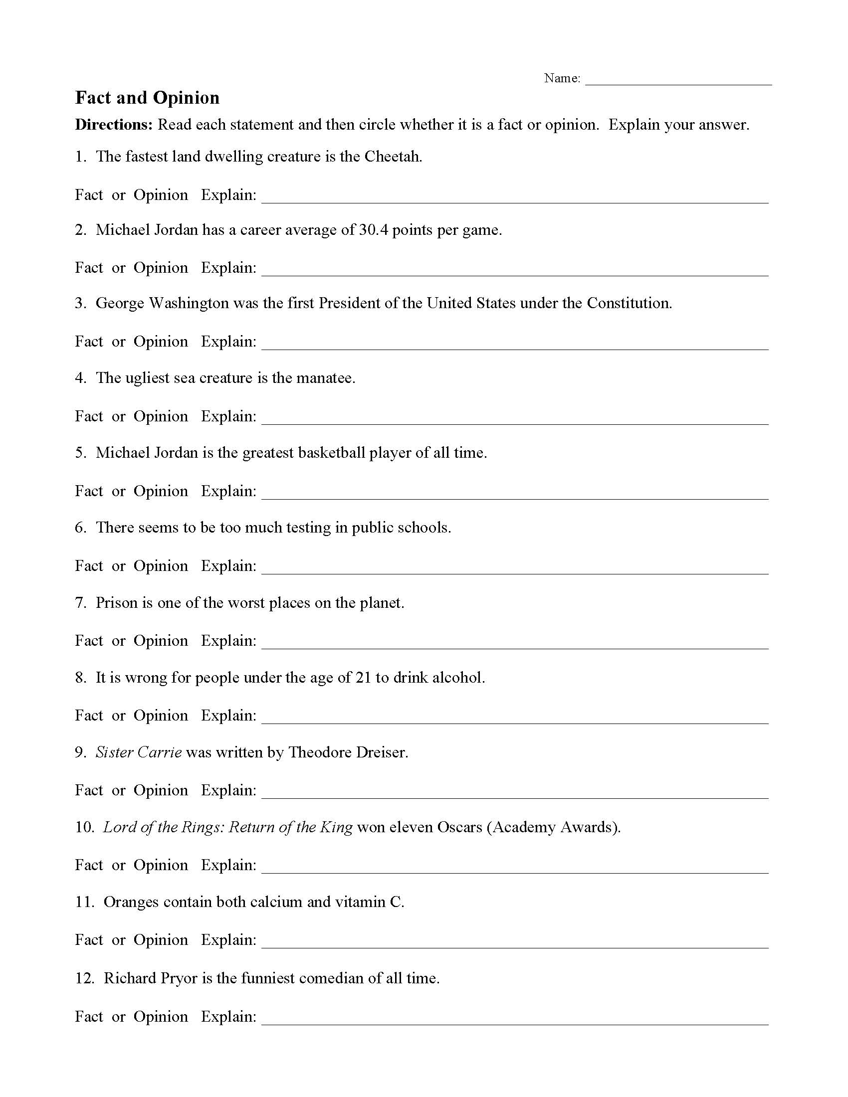Fact and Opinion Worksheet 1 | Reading Activity