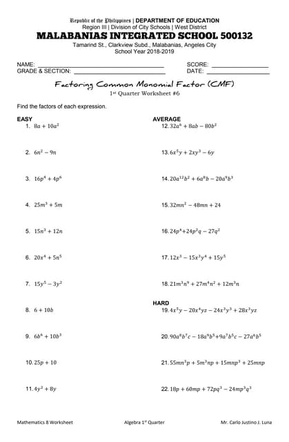 worksheet factoring greatest common factor