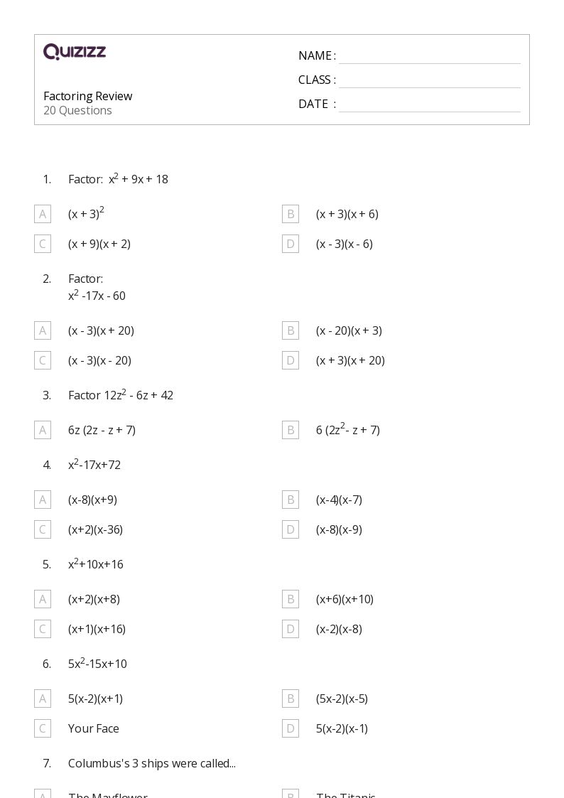 50+ factoring worksheets for 11th Class on Quizizz | Free &  Printable