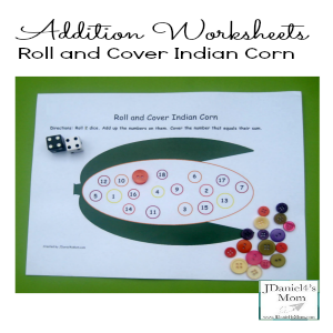 Addition Worksheets- Roll and Cover Indian Corn