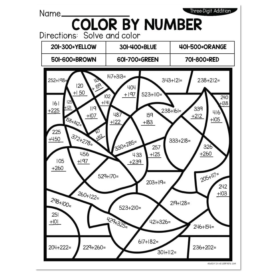 3-Digit Addition Fall Color by Number - Corn - Lucky Little Learners