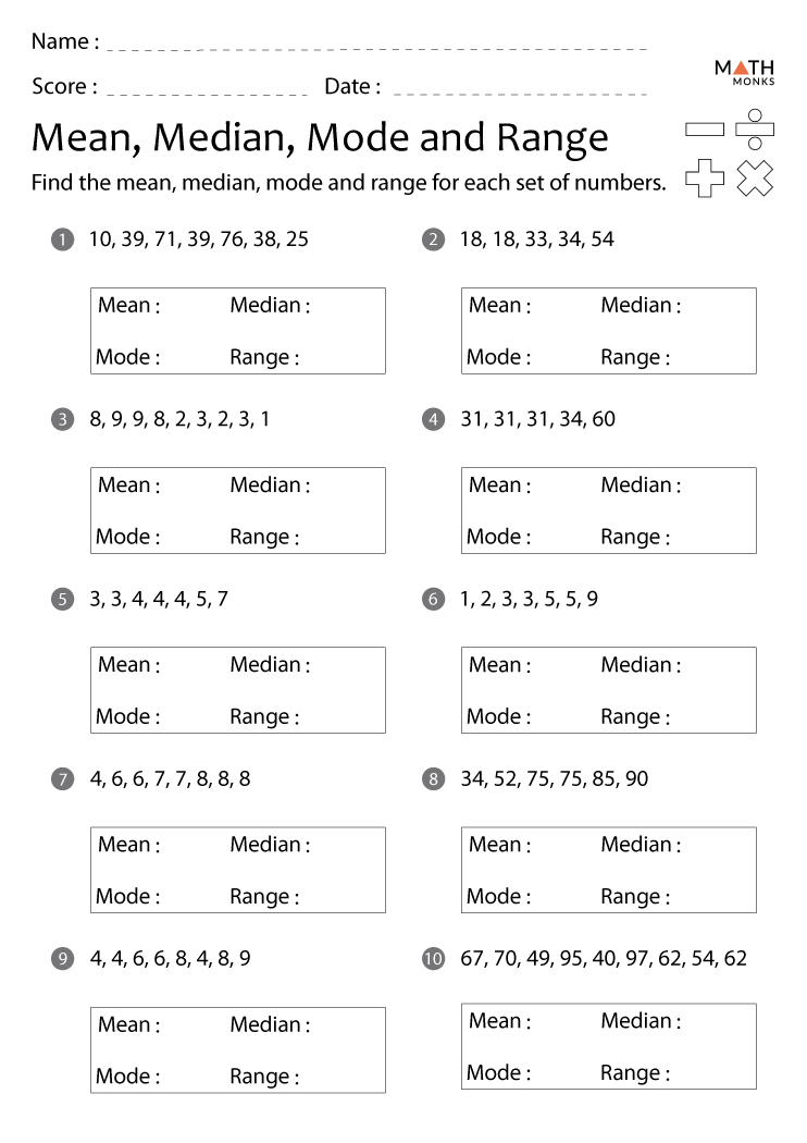 Mean Median Mode Range Worksheets - Math Monks