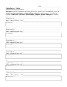 Poetic Devices Finder Worksheet for 5th - 7th Grade | Lesson Planet
