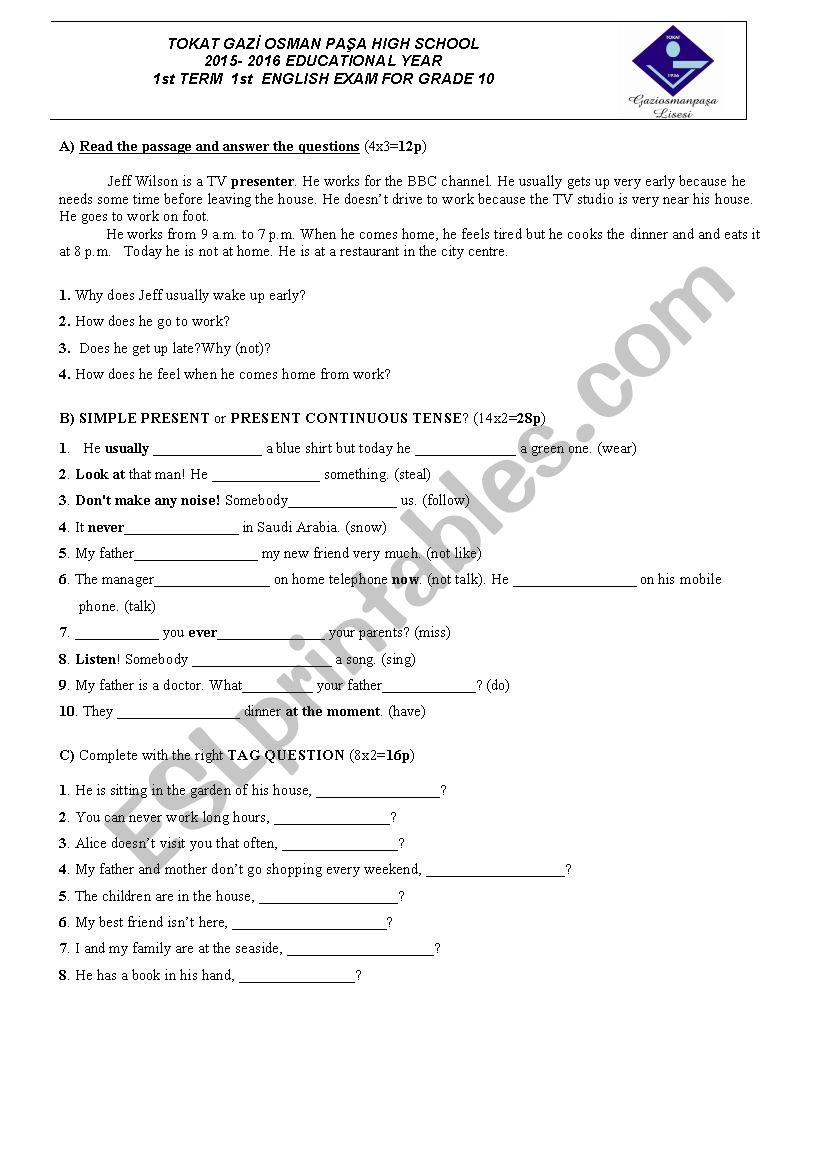 Examination For 10th Grade - ESL worksheet by hakani60