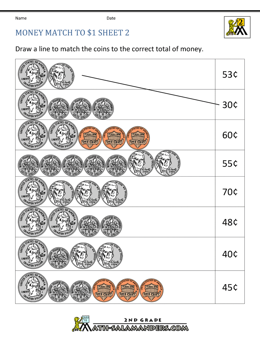 worksheet for 2nd grade on money counting