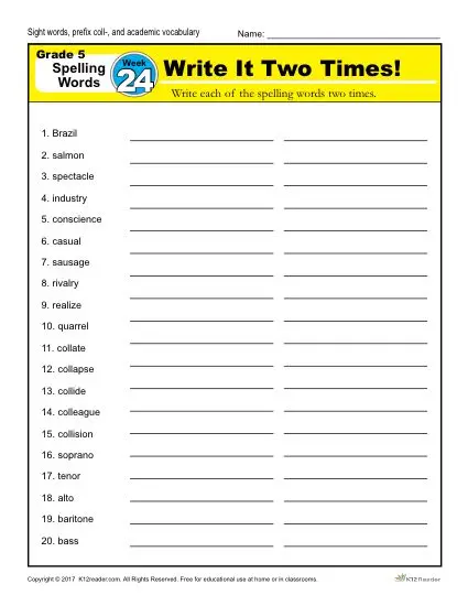 Fifth Grade Spelling Words List - Week 24 | K12Reader