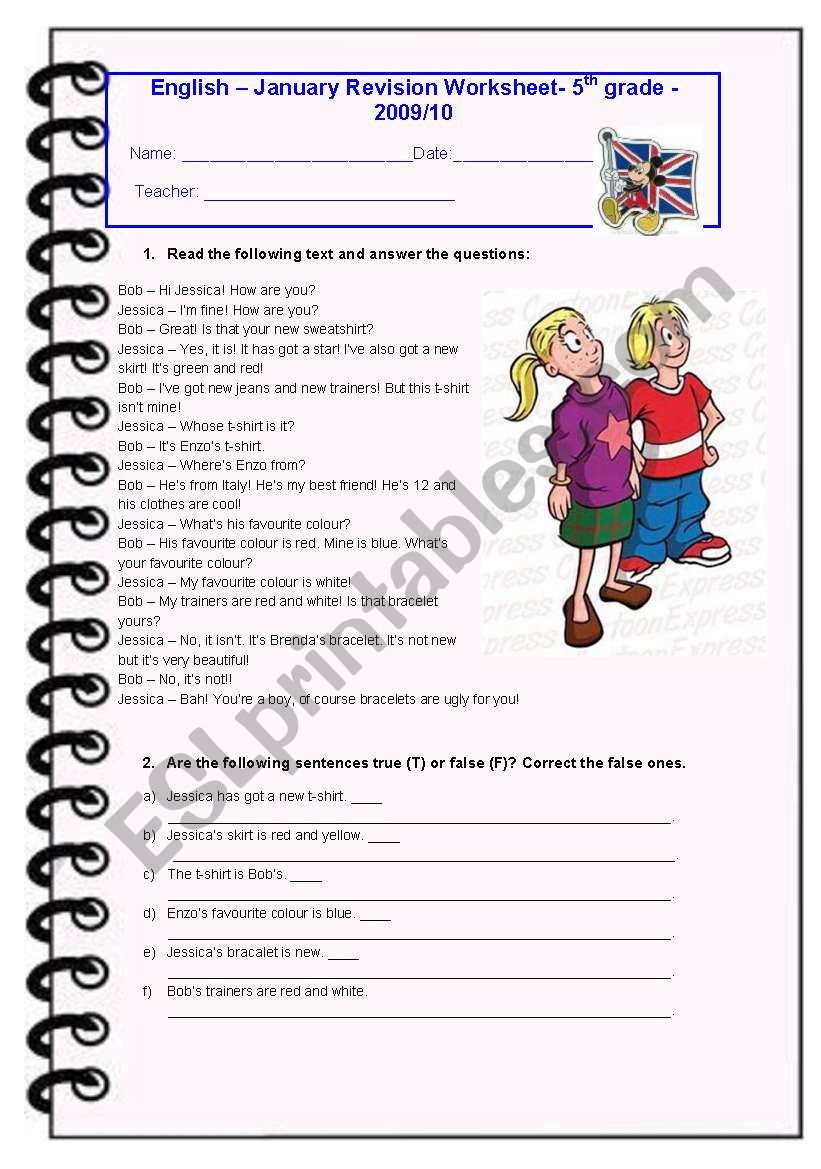 5th Grade January Test - ESL worksheet by Diana Parracho