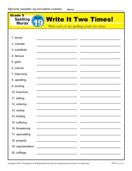 Fifth Grade Spelling Words List - Week 19 | K12Reader