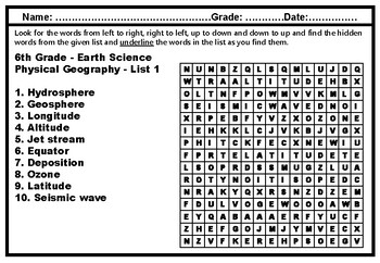 6th Grade Science Vocabulary, Word Search Worksheets, Year Long No Prep Sub  Plan