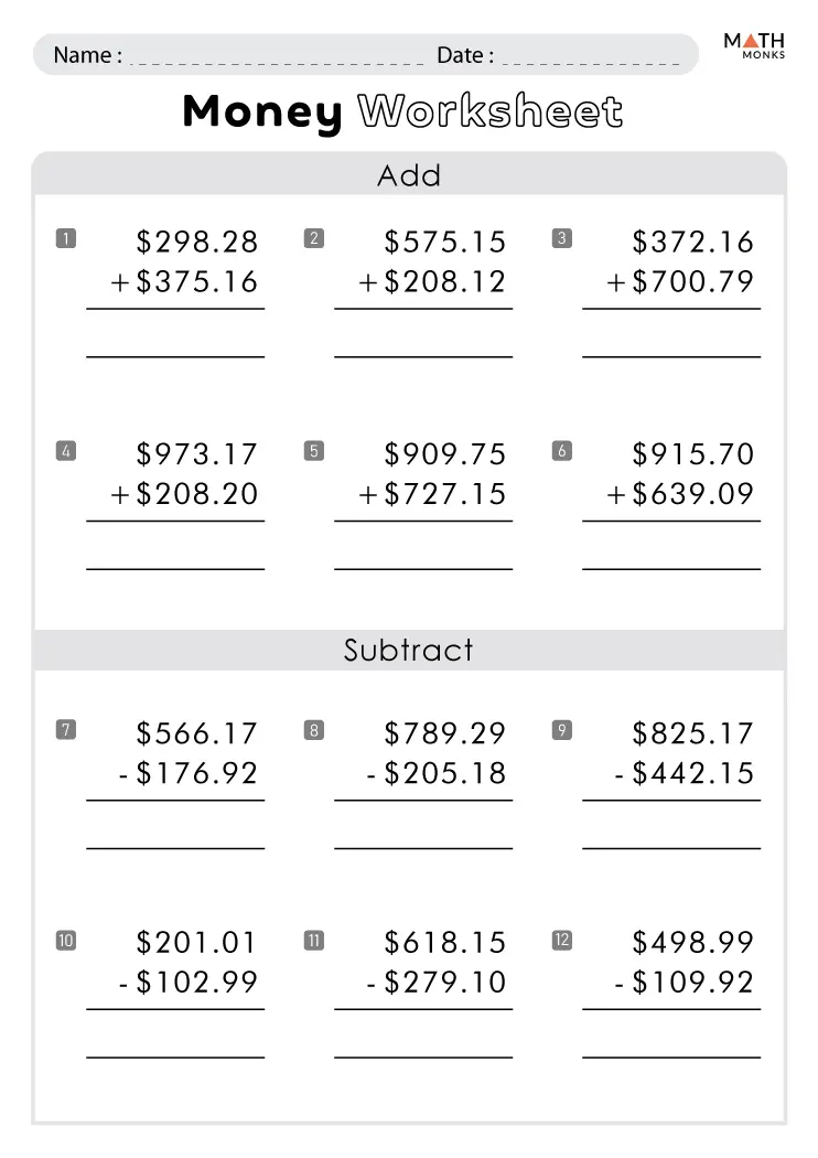 6th Grade Money Worksheets - Math Monks