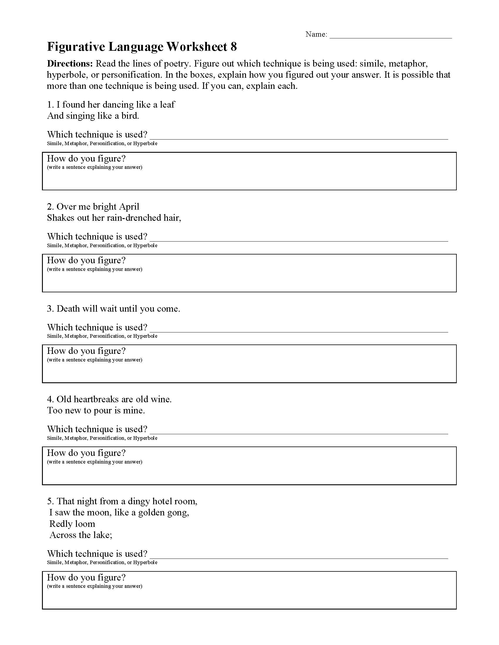 Figurative Language Worksheet 8 | Reading Activity