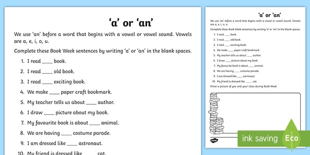 worksheet for a and an