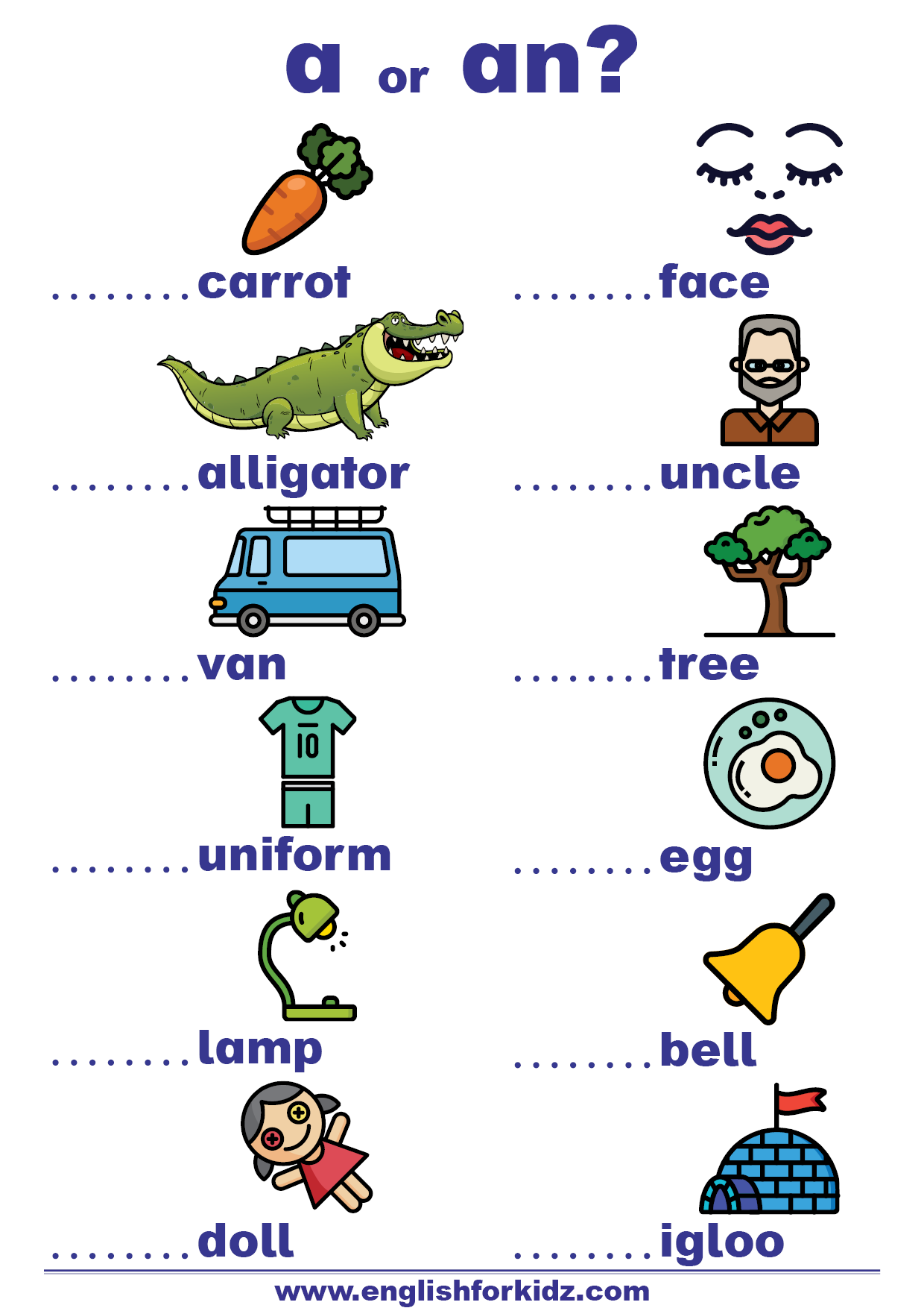 English for Kids Step by Step: Indefinite Articles Worksheets: A ...