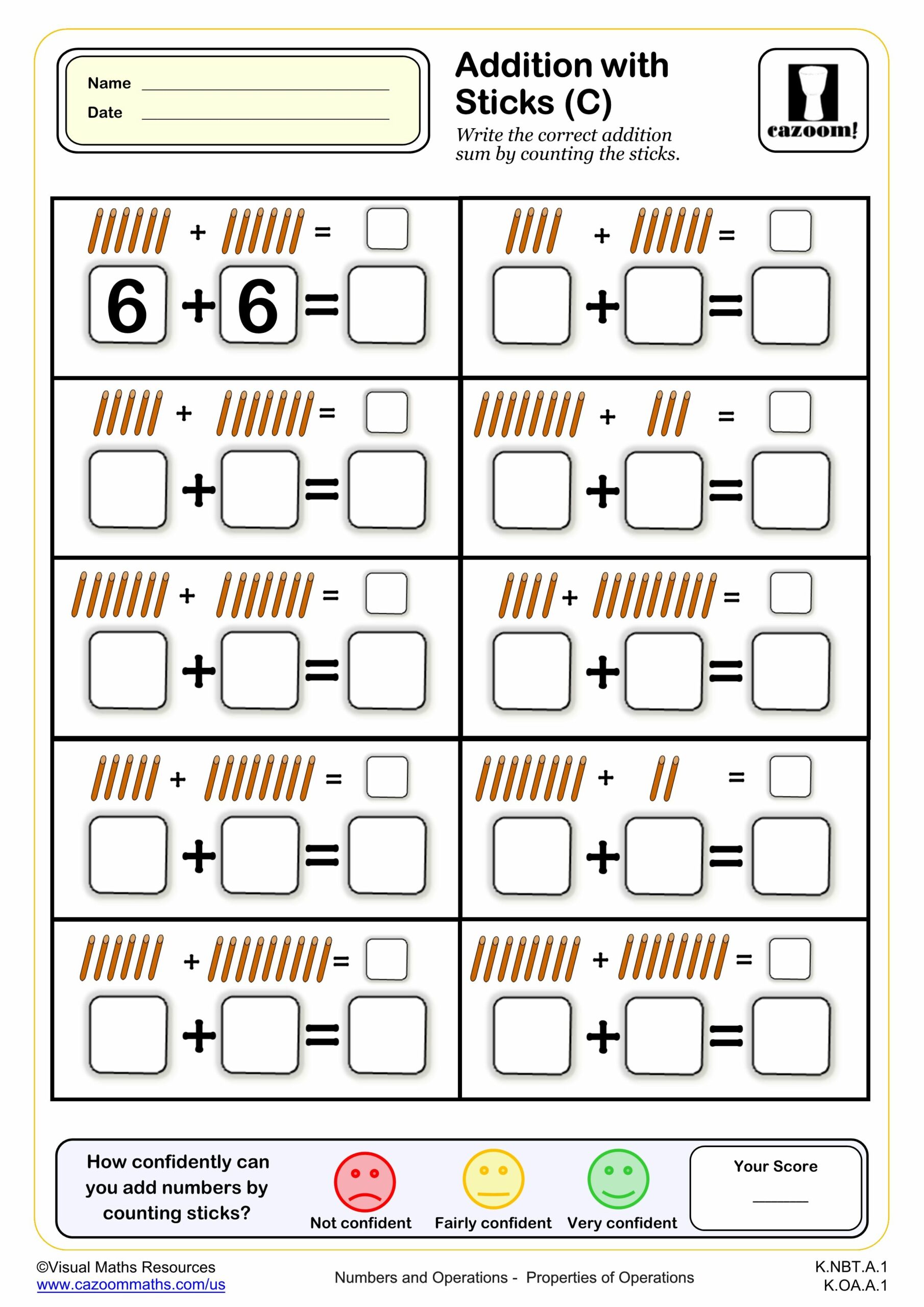 Addition with Sticks (C) | PDF printable Addition Worksheets