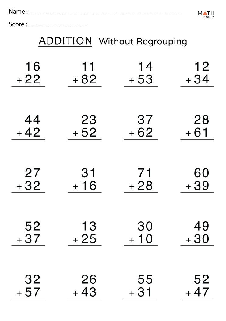 worksheet for addition without regrouping