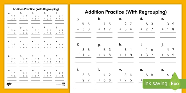 2 Digit by 2 Digit Addition with Regrouping Worksheet