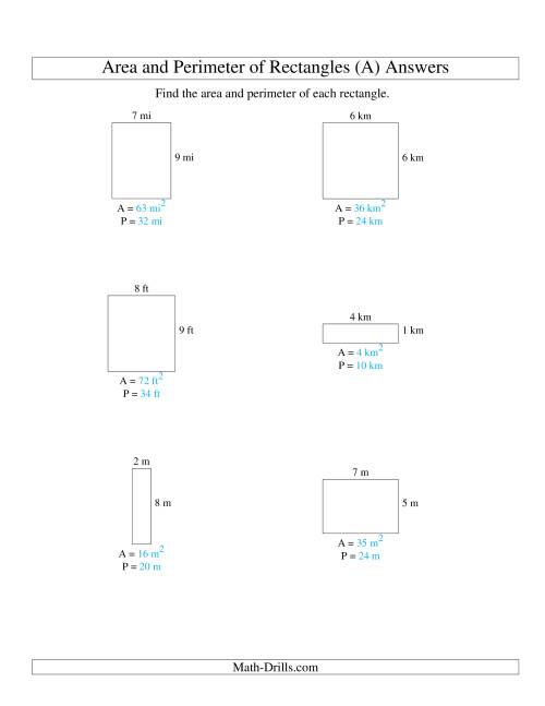 Area and Perimeter of Rectangles (whole numbers; range 1-9) (A)