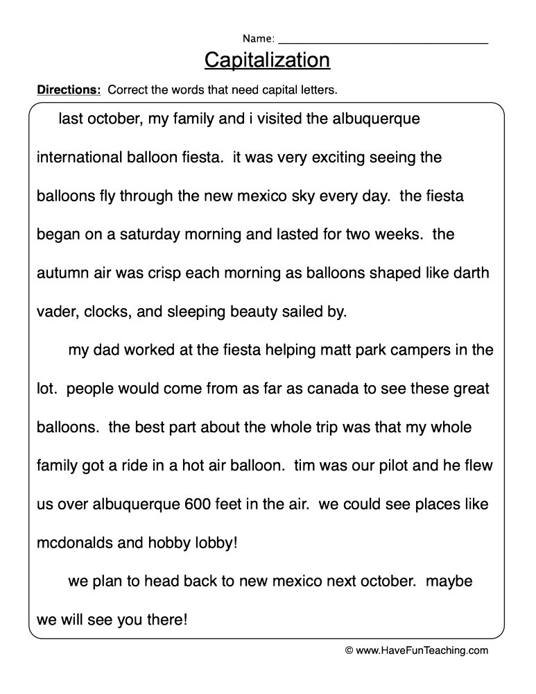 Correcting Capitalization Worksheet  