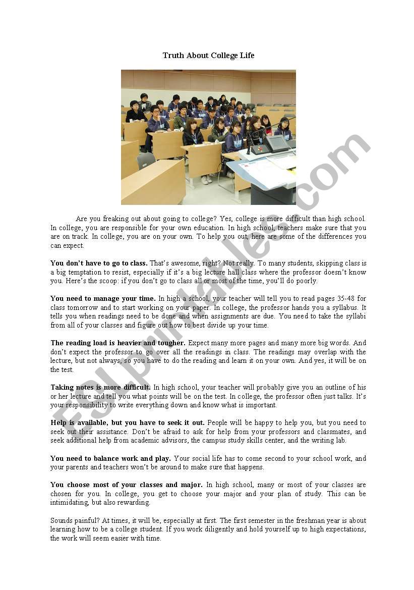 English worksheets: Truth About College Life