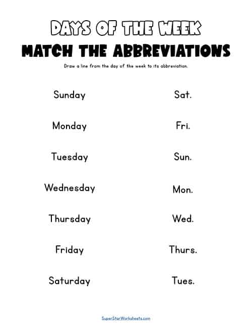 worksheet for days of the week