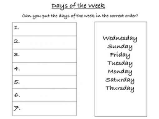worksheet for days of the week