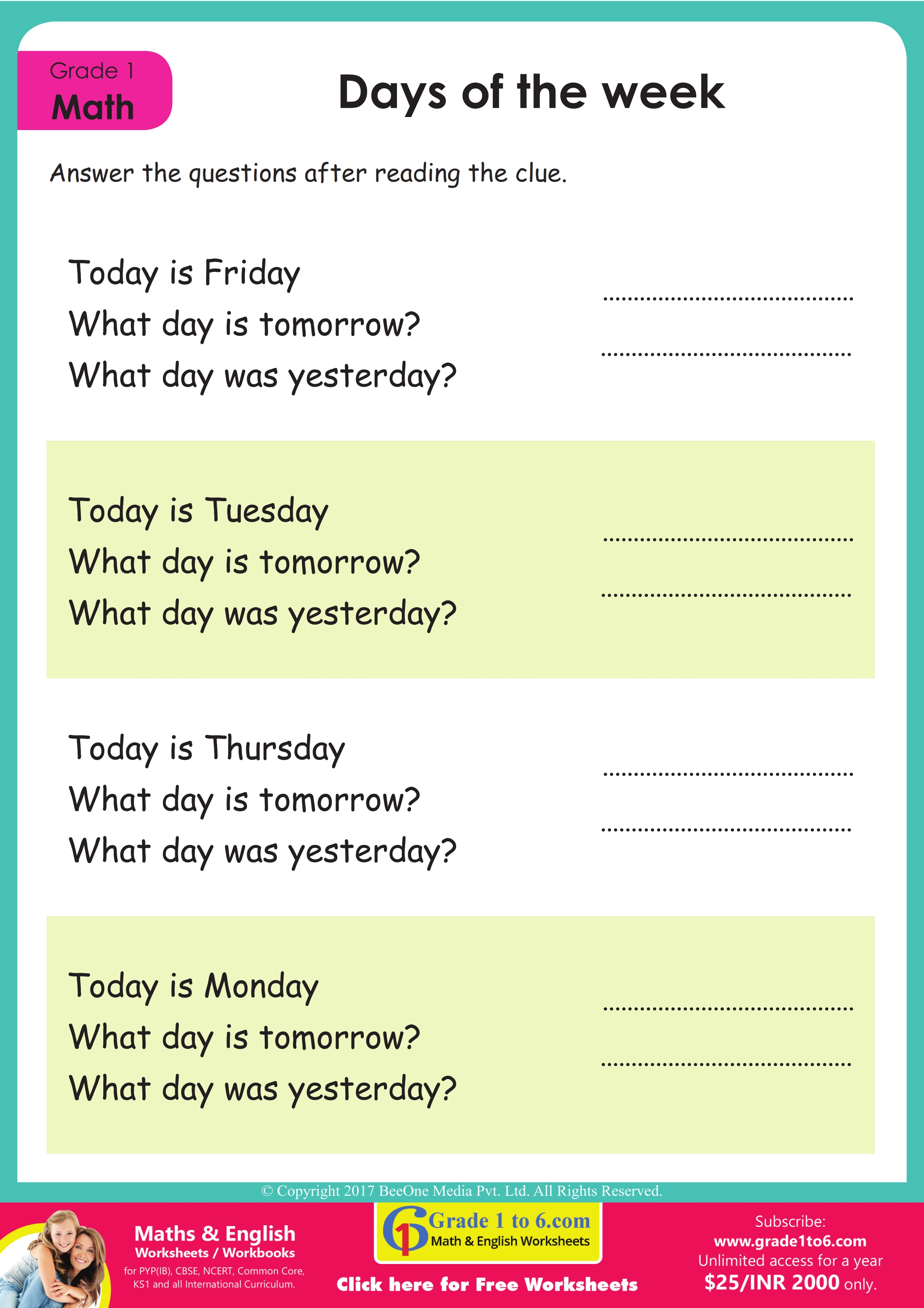Days Of The Week Worksheet Grade1to6 Worksheets Library