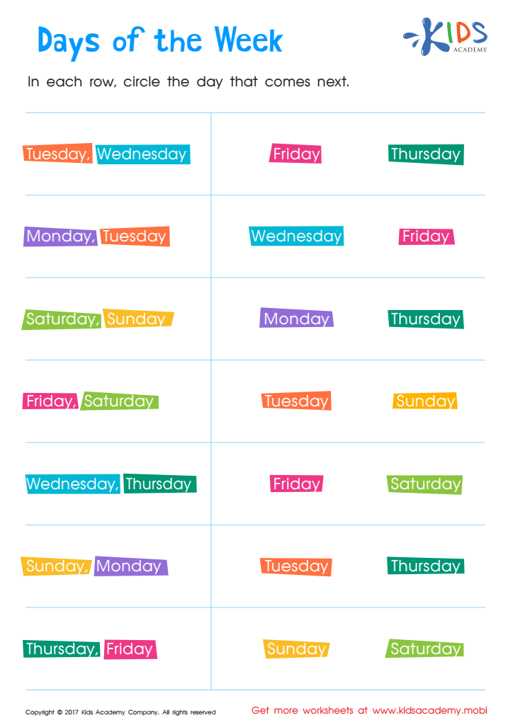 worksheet for days of the