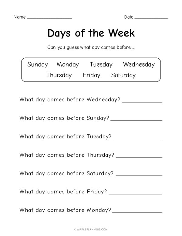 Days of the Week Worksheets - What day comes before?