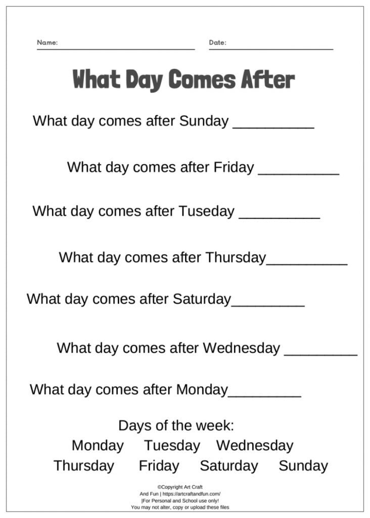 Free Printable Days Of The Week Worksheets -