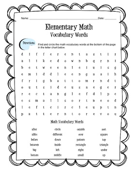 Elementary Math Vocabulary Wordsearch Worksheet &  Answer Key