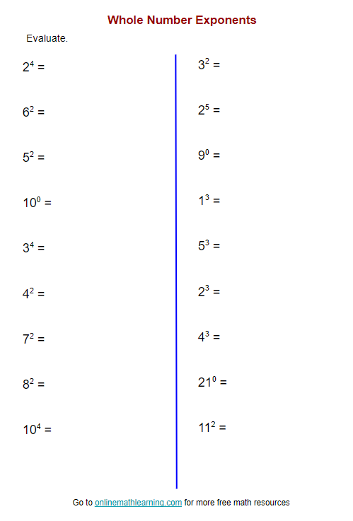 Exponents Worksheet (printable, online, answers, examples)