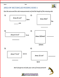 worksheet for finding area of rectangles and squares