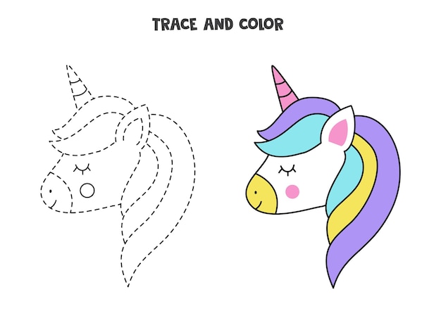Premium Vector | Trace and color cute unicorn. Worksheet for girls.
