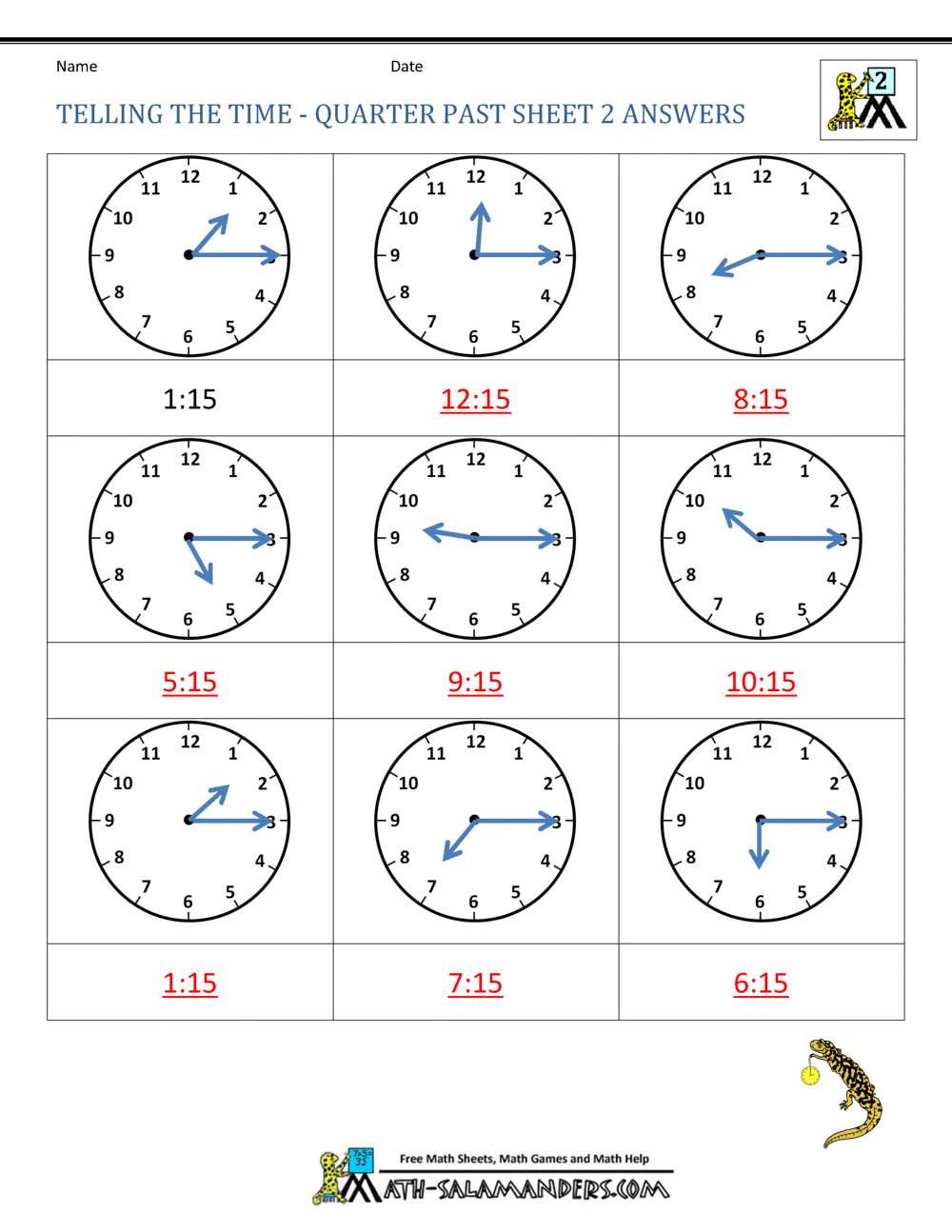 Clock Worksheet - Quarter Past and Quarter to