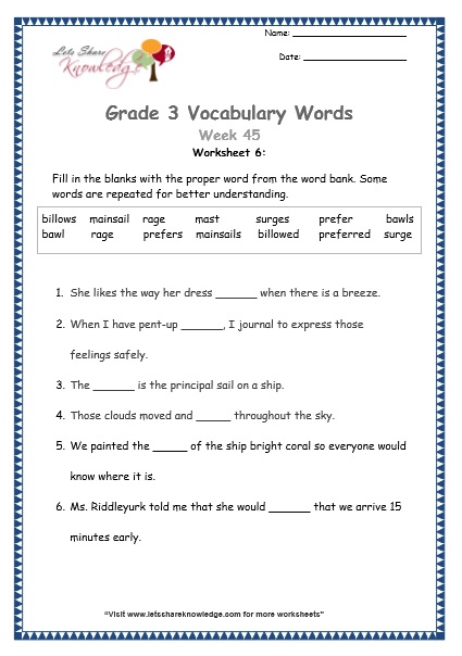 Grade 3: Vocabulary Worksheets Week 45 - Lets Share Knowledge