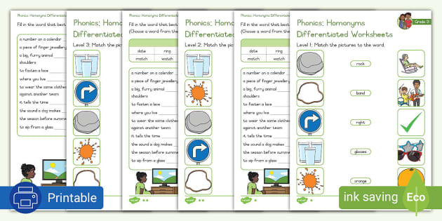Grade 3 Phonics: Homonyms: Differentiated Worksheets