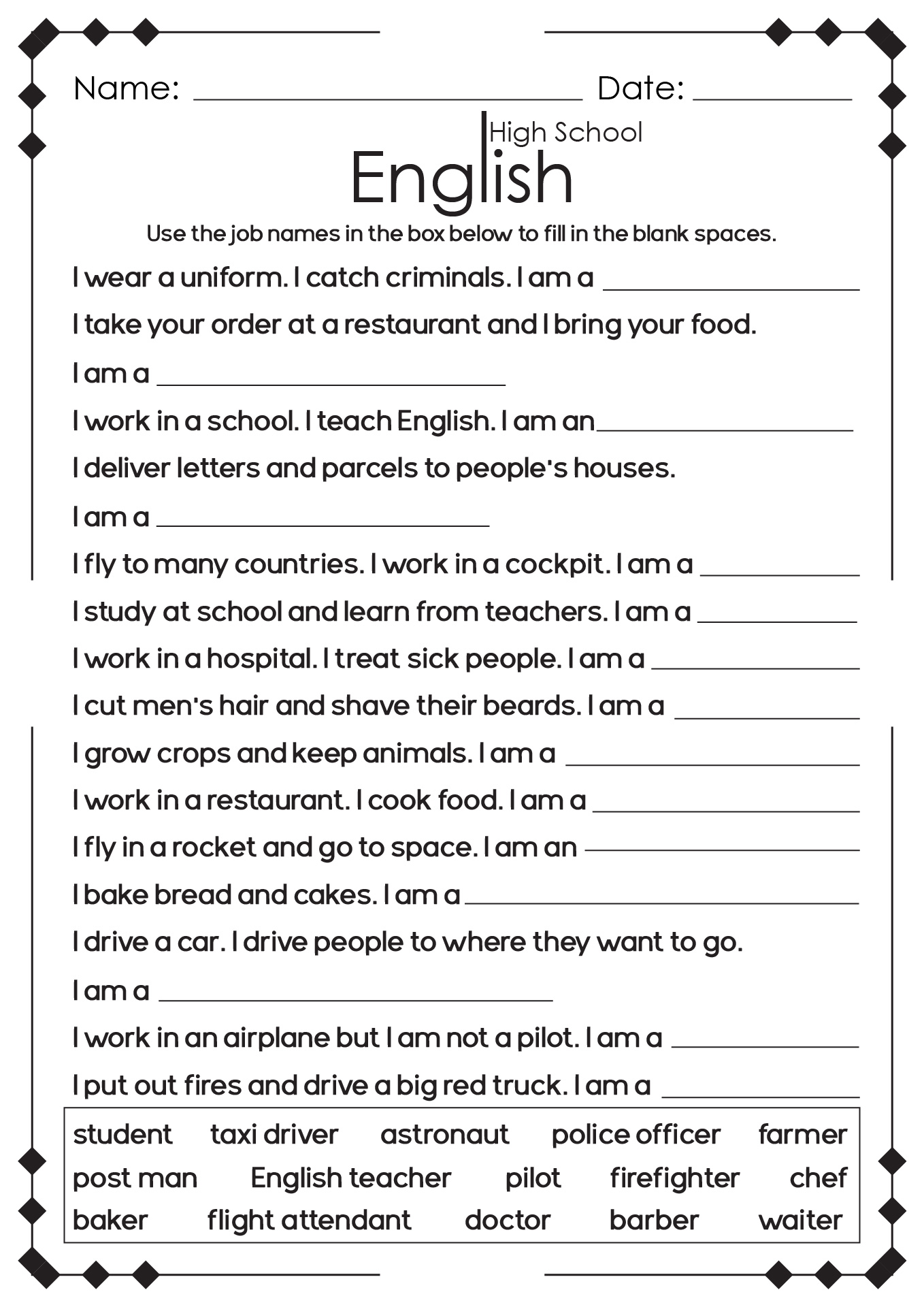 worksheet for high school students