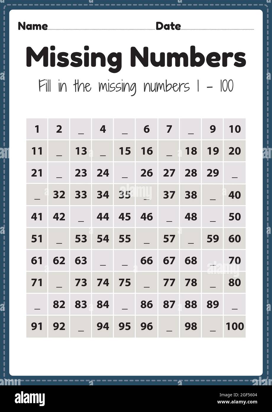 Maths worksheet for nursery, missing numbers 1 to 100 printable ...
