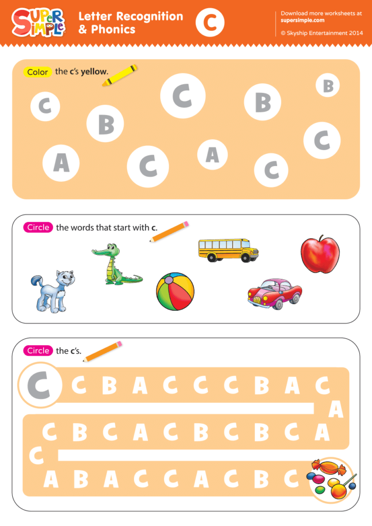 Letter Recognition &  Phonics Worksheet - C (Uppercase) - Super Simple
