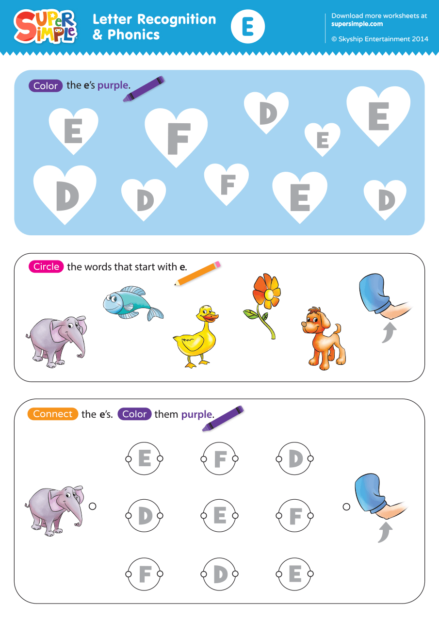 Letter Recognition &  Phonics Worksheet - E (Uppercase) - Super Simple