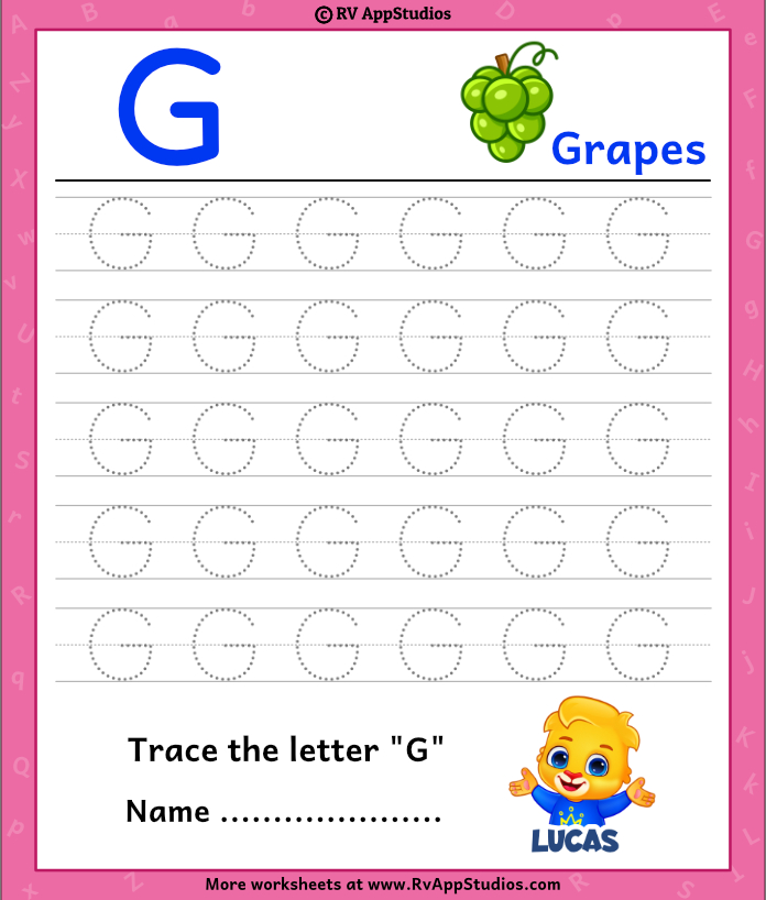 Free Printable Worksheet for Kids - Trace uppercase letter G
