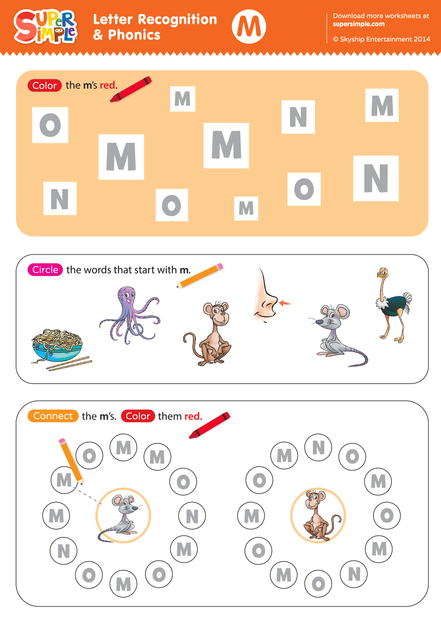 Letter Recognition &  Phonics Worksheet - M (Uppercase) - Super Simple
