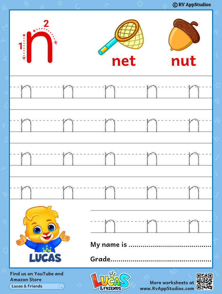 Lowercase Letter n Tracing Worksheets | Trace Small Letter n Worksheet