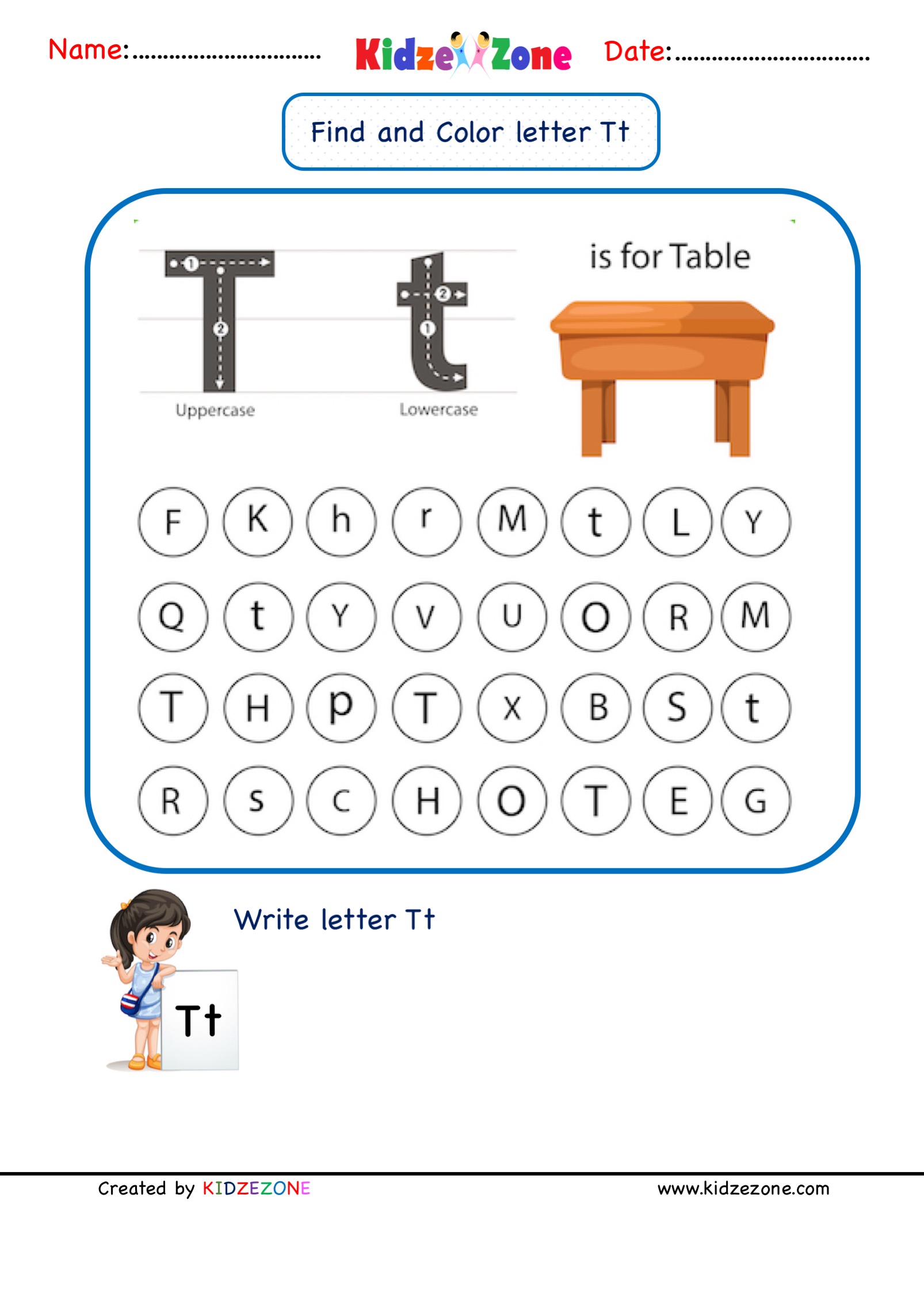 Kindergarten Letter T Find and Color worksheet - KidzeZone