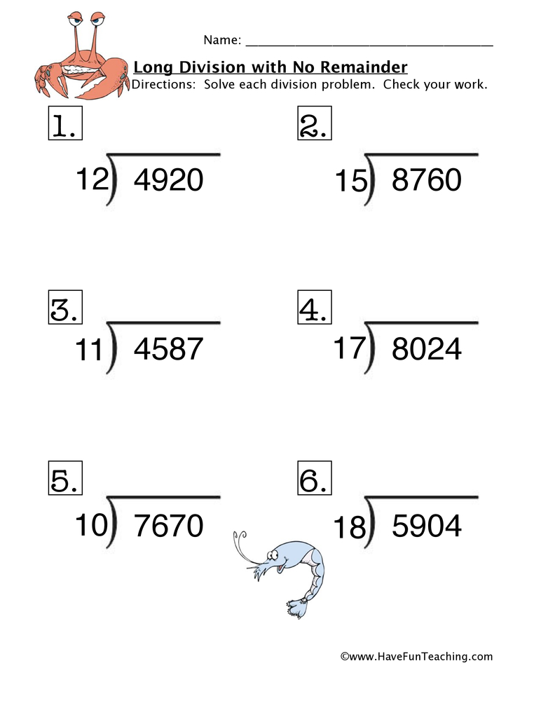 Long Division No Remainders Worksheet  